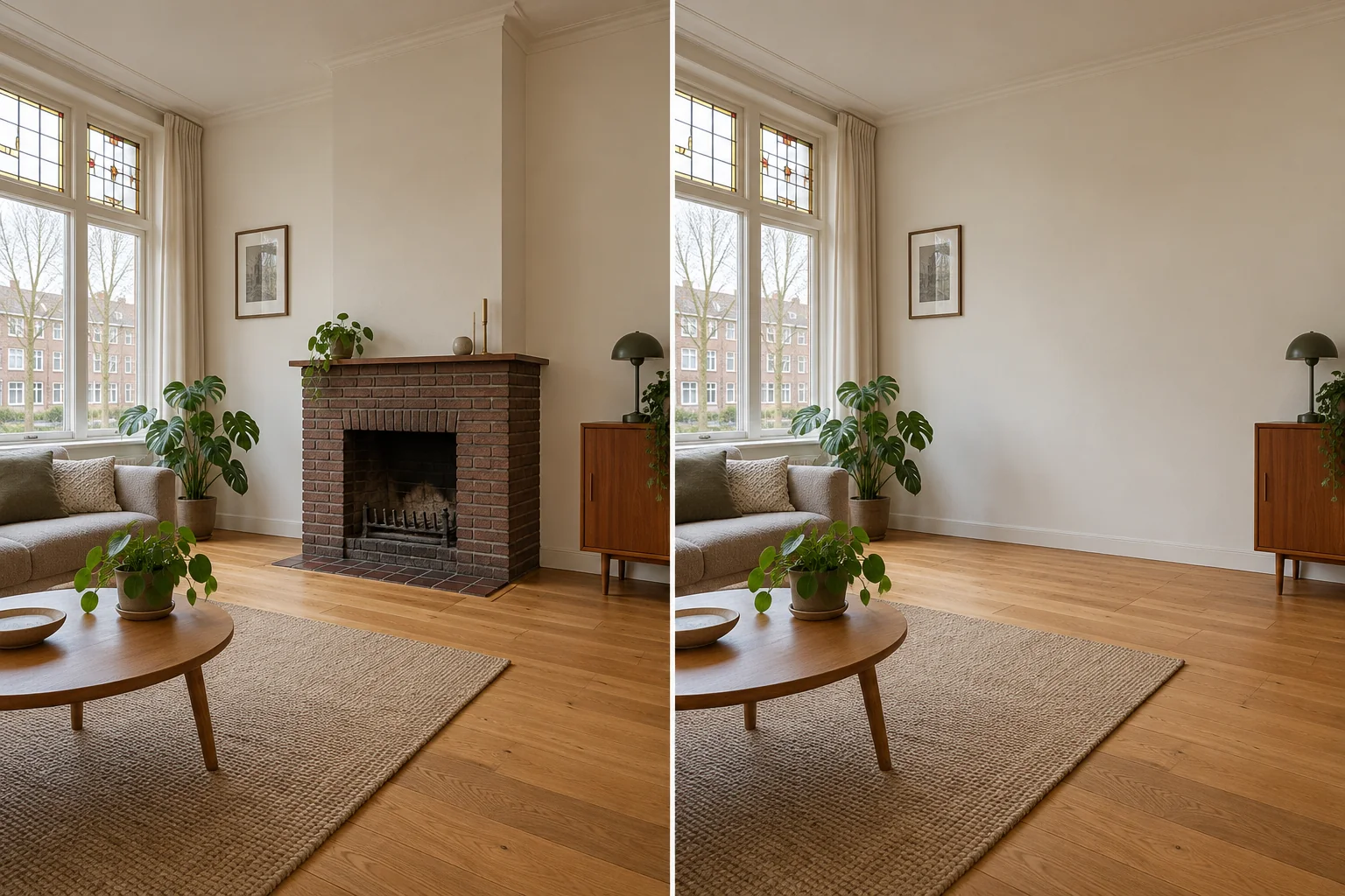 Voor-en-na-vergelijking van een woonkamer met schouw en een mogelijke afwerking zonder schouw