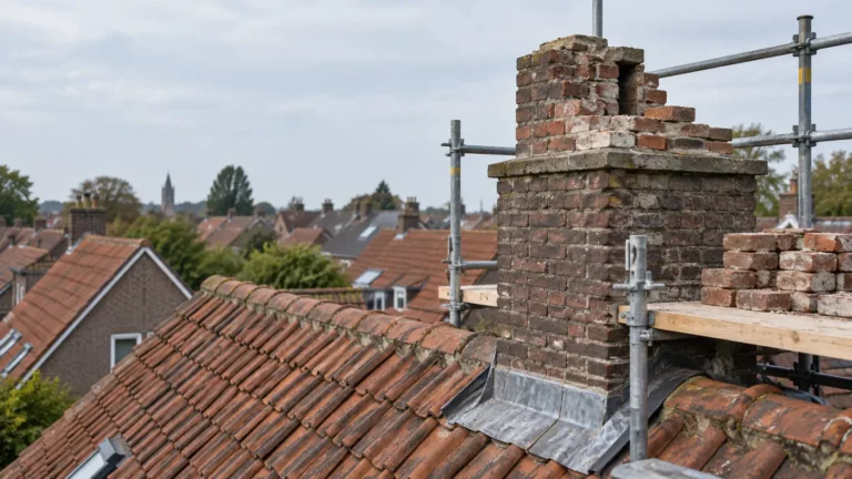 Gemetselde schoorsteen op een Nederlands pannendak
